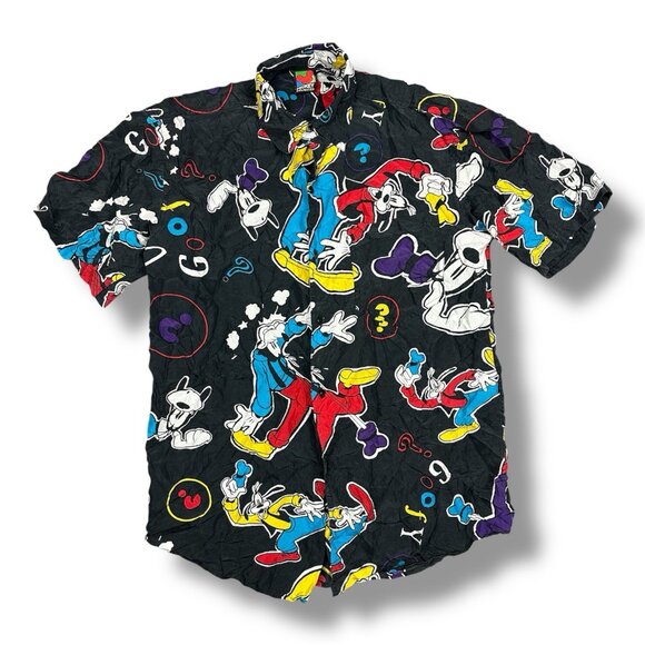 Vtg 90s Disney Mickey Unlimited Goofy Silk Shirt Adult S Multicolor On Black - Picture 1 of 9